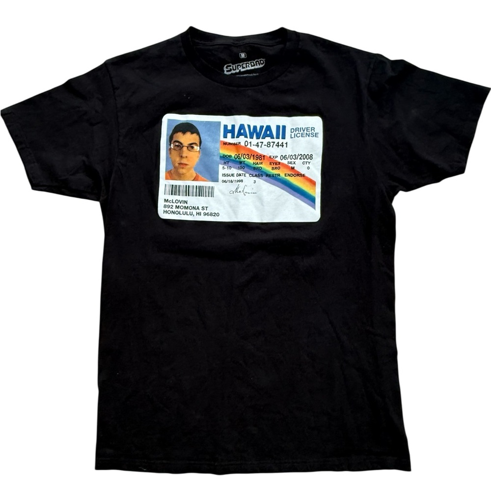 McLovin Hawaii ID Superbad Movie Black Unisex T-Shirt 100% Cotton NWOT Size M